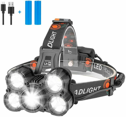Torcia da testa frontale a LED ricaricabile USB impermeabile, LED 20000 lm