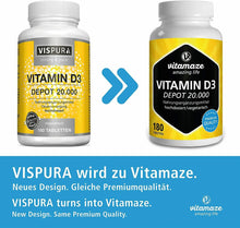 Carica l&#39;immagine nel visualizzatore di Gallery, Vitamaze Vitamina D3 ad alto dosaggio 20000 UI(dose per 20 giorni) 180 compresse