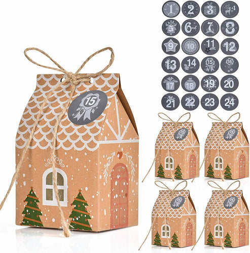 24 x Scatole a forma di casetta, Confezioni regalo per Natale + Adesivi numerati