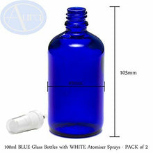 Carica l&#39;immagine nel visualizzatore di Gallery, confezione da 2 - 100ml bottiglie di vetro blu con bianco ATOMIZZATORE...