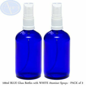 confezione da 2 - 100ml bottiglie di vetro blu con bianco ATOMIZZATORE...